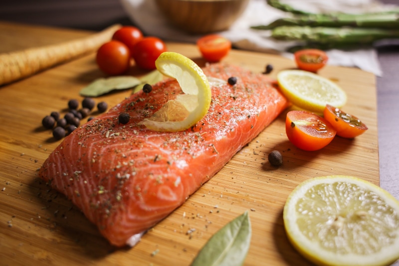 kitchen, herb, trout, still life, prepared Fish, seafood, wood - Material, preparation, preparing, 4K, wellbeing, hungry, citrus fruit, red, meal, table