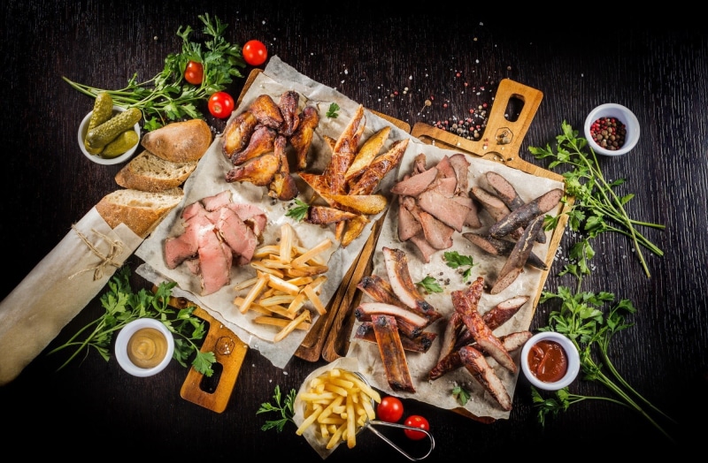 Fries, directly above, food and drink, gourmet, meal, tomatoes, high angle view, vegetable, table, spice, herb, black background, freshness, fruit, still life