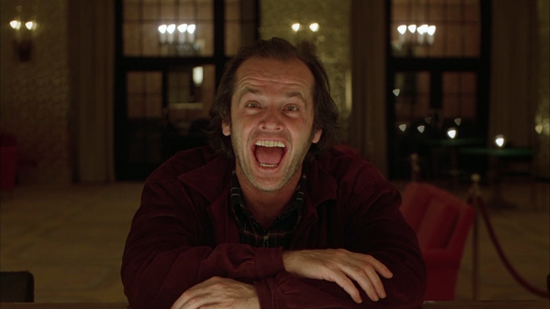headshot, front view, shouting, adult, 1080P, laughing, human body part, night, happiness, sitting, Jack Nicholson, The Shining, portrait, human mouth