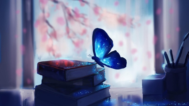 blue light, glittering, butterfly, book, dreamy, 1080P, shine, digital art