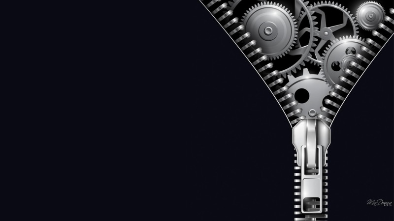 shine, techno, abstract, technical, zip, silver, black-and-white, 1080P, mechanical, zipper, gears, cogs
