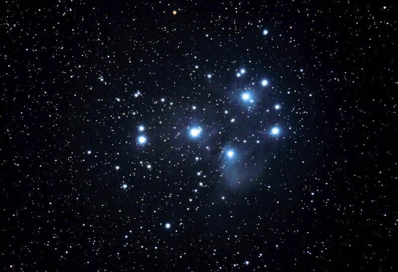 no people, sky, taurus, glowing, space, star cluster, black background, light - natural phenomenon, night, black color, in the constellation of Taurus
