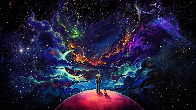 4K, 4K, Universe, Stars, Dream, Puppy, Man, Digital paint, Deep space