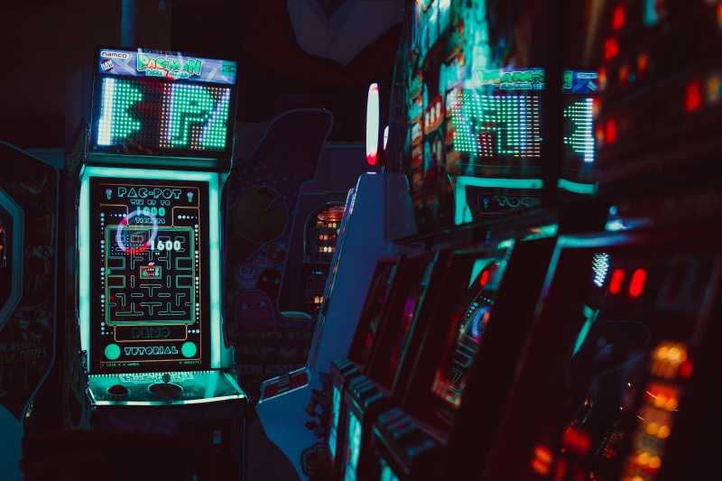 mode of transportation, arcade, control, complexity, modern, electronics industry, teal, neon, black, 5K, air vehicle, night, technology, indoors, transportation