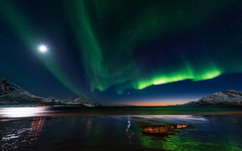 mountain, ice, cold temperature, milky way, beauty in nature, lights, winter, no people, aurorae, luminosity, snow, environment, northern, reflection, aurora  borealis