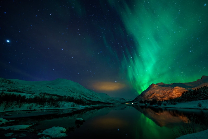 galaxy, astronomy, water, landscape, Reflection, nebula, Lofoten Islands, Green  Lake, near, nature, aurora Polaris, lanscape, Aurora borealis, Lights