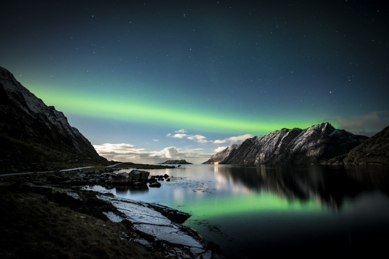 lights, star, aurora polaris, snow, space, star - space, idyllic, mountains, lake, 1080P, reflection, scenics - nature, road, Lofoten, winter, tranquil scene