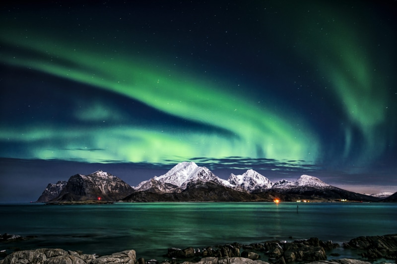 scenics - nature, no people, winter, 4K, tranquility, mountain range, sea, cold temperature, night, lofoten, aurora polaris, sky, astronomy, aurora borealis