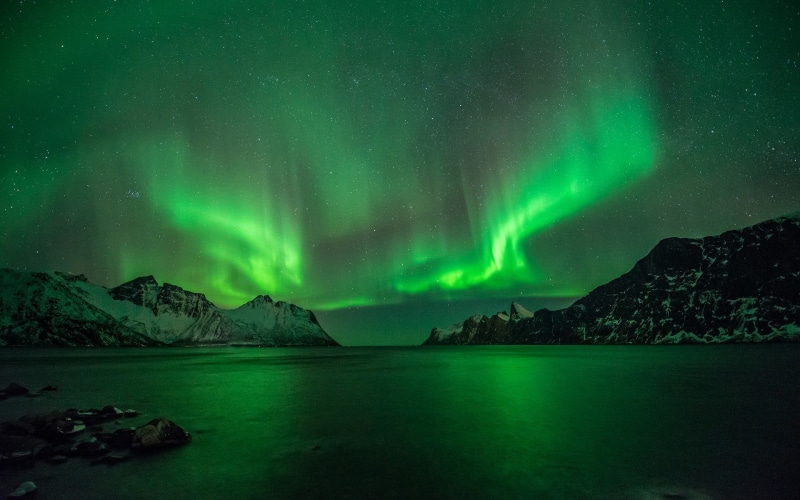 1080P, cold temperature, northern, star - space, idyllic, tranquil scene, lights, mountain, tranquility, astronomy, scenics - nature, water, Norway, night