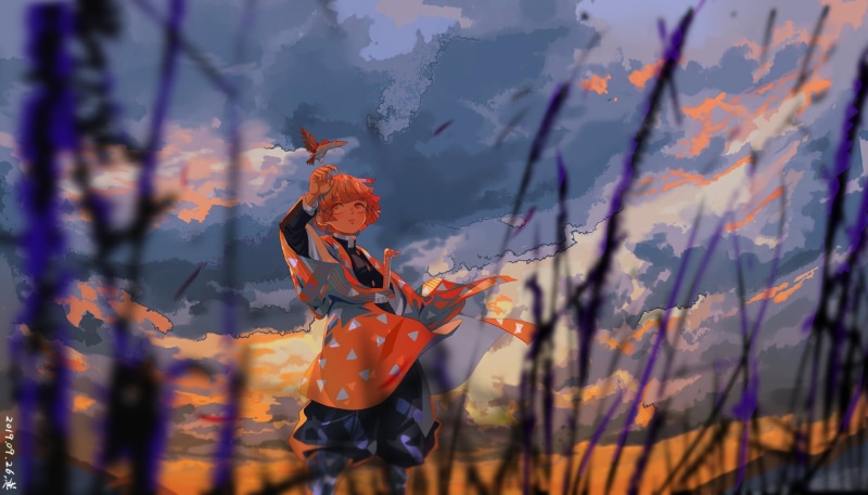 Zenitsu Agatsuma, Kimetsu no Yaiba, 1080P, sky, clouds, anime, 2D, artwork