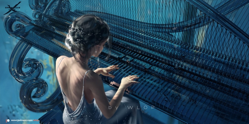 music, WLOP, ArtStation, artwork, 720P, musical instrument, fantasy art, fantasy girl