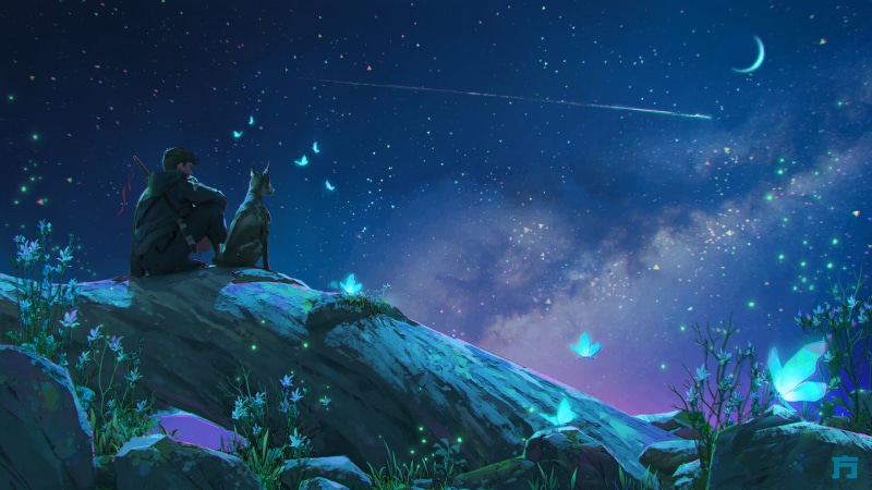 anime landscape, night sky, ArtStation, Chin Fong, anime boys, dog, 1080P