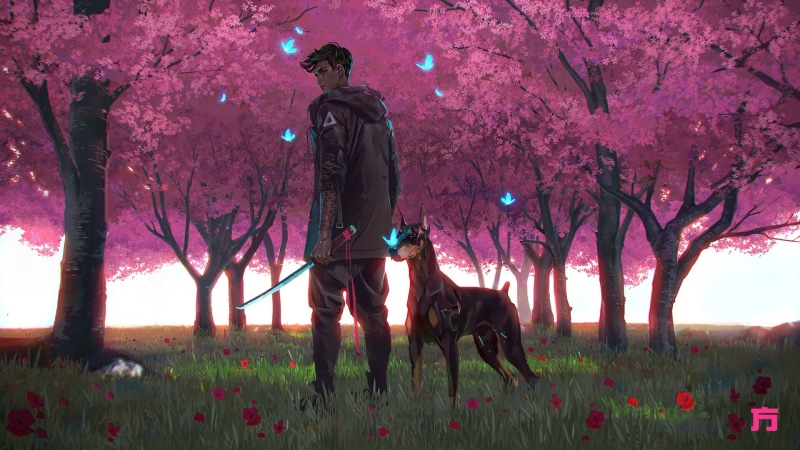 cherry trees, Chin Fong, dog, cherry blossom, Doberman Pinscher, tattoo, 1080P, digital art, sword