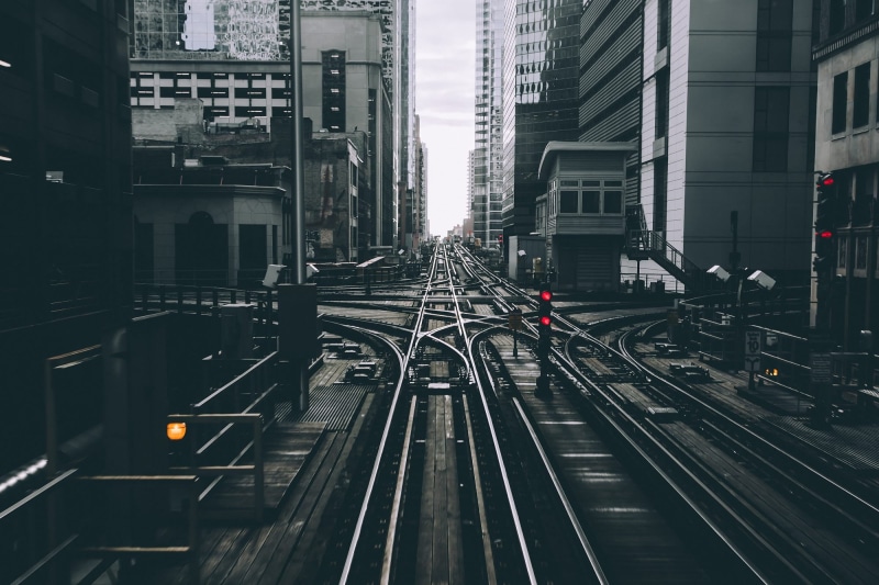 USA, built structure, city life, building exterior, skyscraper, metro, urban, outdoors, 1080P, rail, Chicago, gray, complexity, land vehicle, road, rail transportation