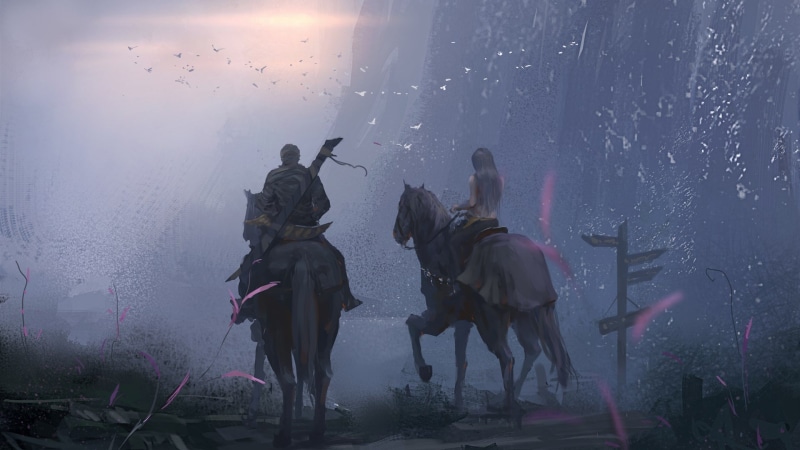 couple, Wlop, sword, 1080P, cross, knights, digital art, fantasy art, crossing, warriors, signals, boy, horses, weapon, artwork, twilight, sunset, girl