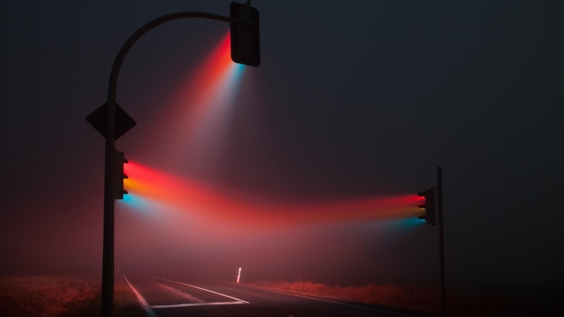 street, light beam, motion, 1080P, traffic, multi colored, lighting equipment, communication, lights, night, illuminated, nature, stoplight, signal, fog