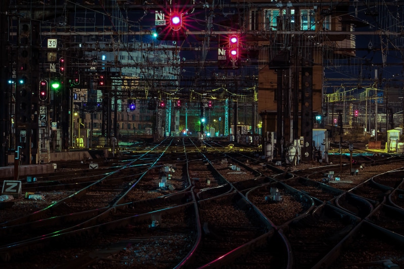 track, public transportation, transportation, signal, architecture, rail transportation, shunting yard, railway, 4K, city lights, building exterior, complexity