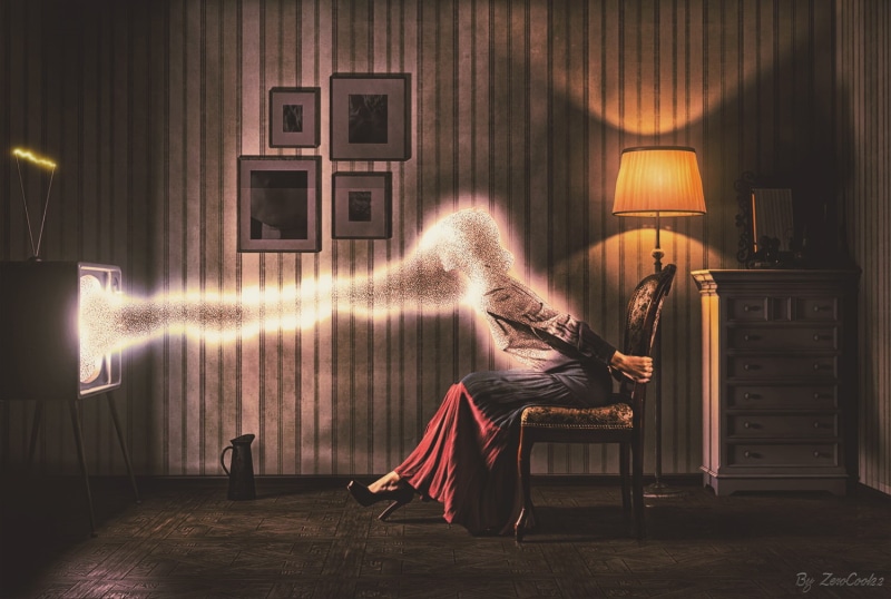 curtain, digital composite, illuminated, photo manipulation, domestic room, casual clothing, full length, TV, one person, indoors, seat, fashion, adult