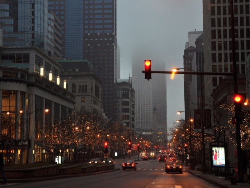 mist, building exterior, city, city life, light, office building exterior, motor vehicle, car, 480P, street, city street, road, stoplight, building, architecture