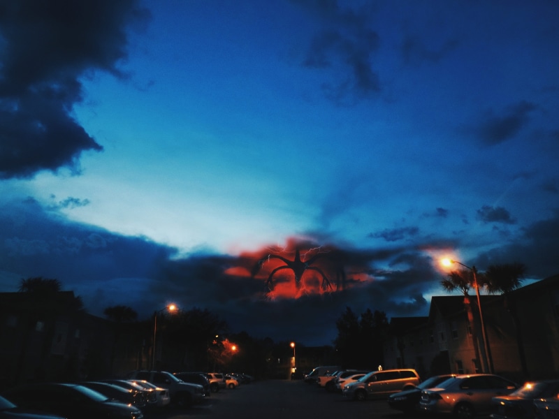 city, land vehicle, light, creature, night, no people, lightning, dark, montage, 5K, stranger things, shadow, outdoors, orlando, architecture, dusk, motor vehicle