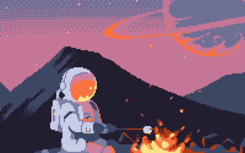astronaut, stars, pixel art, planet, helmet, fire, universe, hills, 8-bit, pixels, space, campfire, pixelated, spacesuit, 720P
