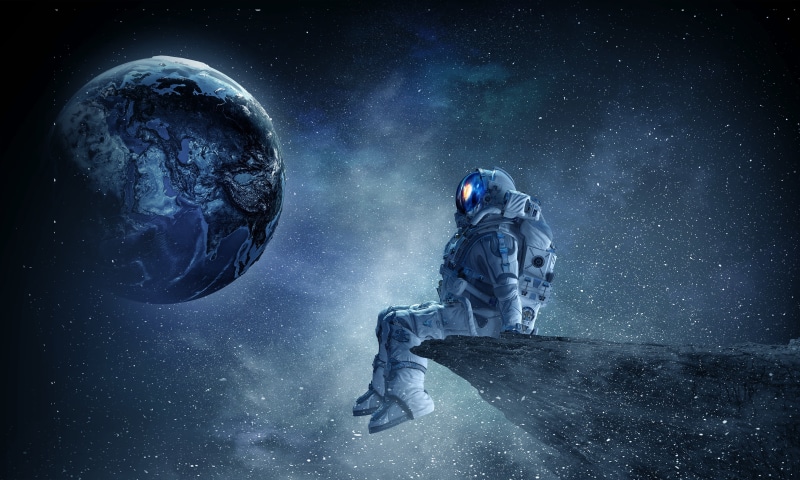 Earth, space, universe, reflection, artwork, planet, cliff, 4K, illustration, stars, fantasy art, astronaut, spacesuit, sitting