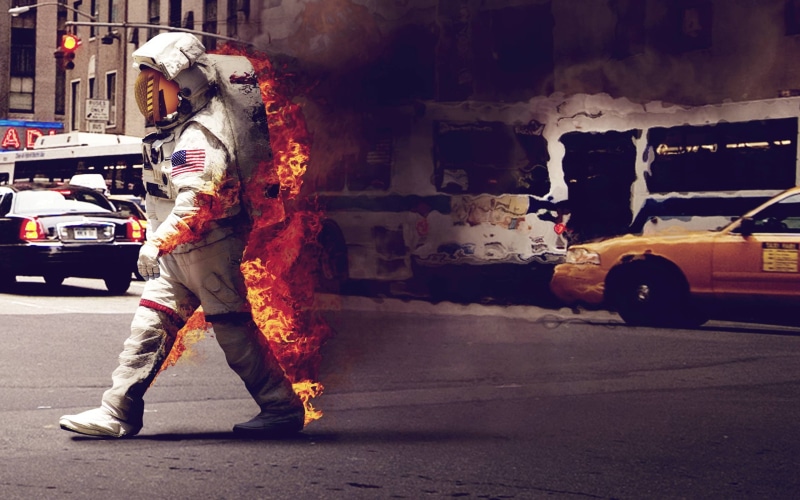 burning, city, burn, humor, land vehicle, road, street, footpath, spaceman, Jack Crossing, traffic, red, spacesuit, white, space, fire, astronaut, dark