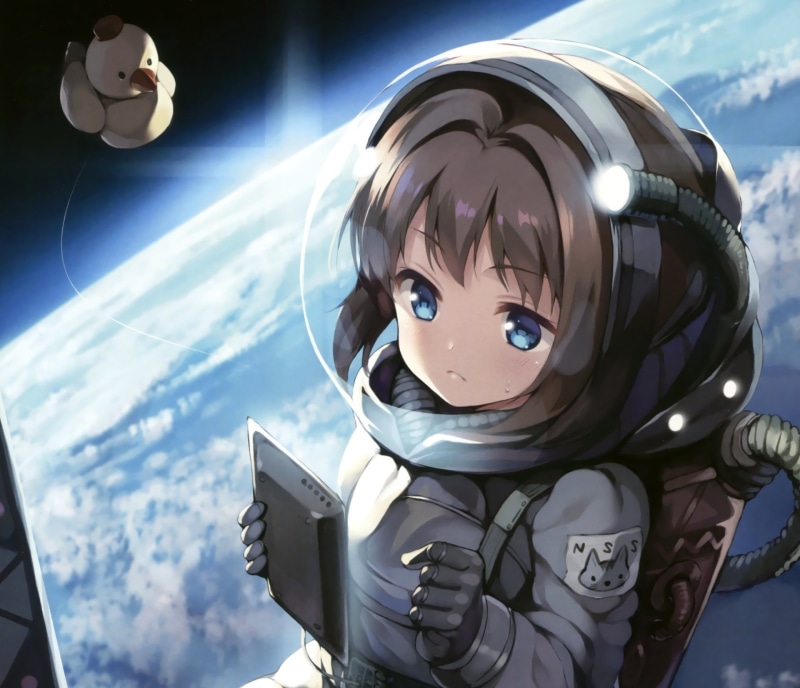 Spacesuit, 1080P, Short Hair, Astronaut, Earth, Blue Eyes, Anime, Brown Hair, Original
