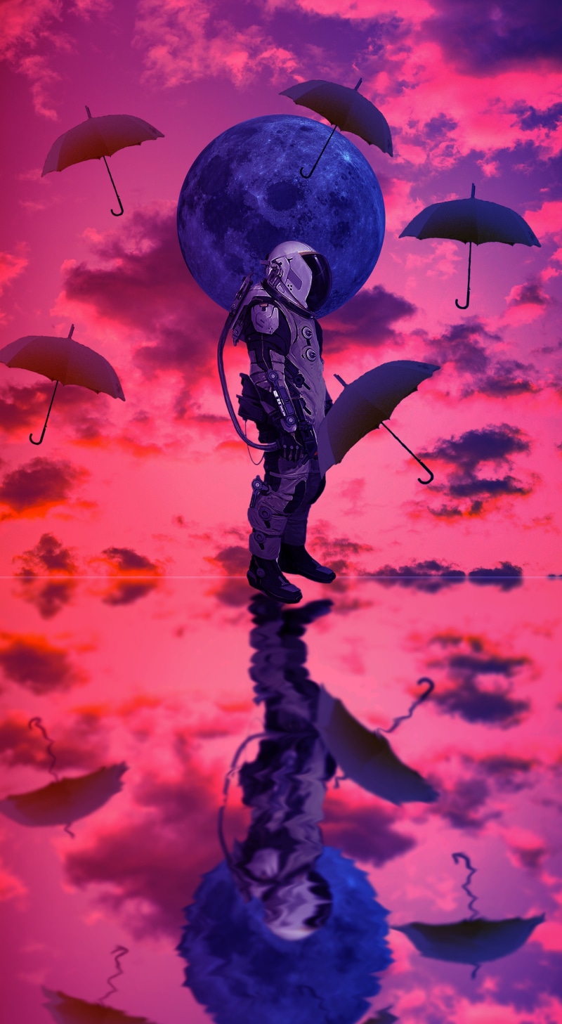 urban, two color, fantasy, universe, reflection, scenics - nature, space, cloud - sky, nature, moon, beauty in nature, astronaut, protection, water, no people