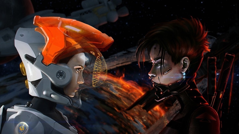 orange color, short hair, spacesuit, women, science fiction, characters, focus on foreground, transportation, mode of transportation, digital