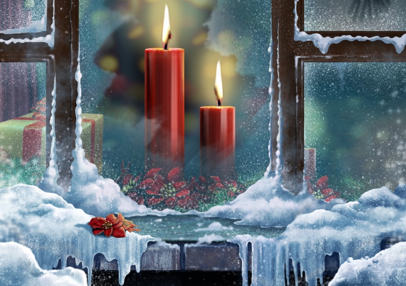 fire - natural phenomenon, snow, dinner, melting, candles, architecture, frost, illuminated, burning, 2K, winter, red, painting, no people, motion, Christmas
