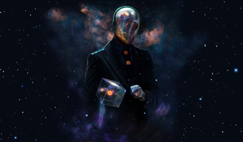 smoke - physical structure, artwork, black background, universe, futuristic, reflection, astronomy, one person, night, space art, Dan Luvisi