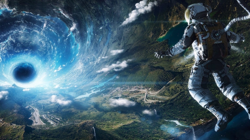 outdoors, space suit, land, water, scenics - nature, unrecognizable person, astronaut, digital composite, beauty in nature, reflection, environment, 2K