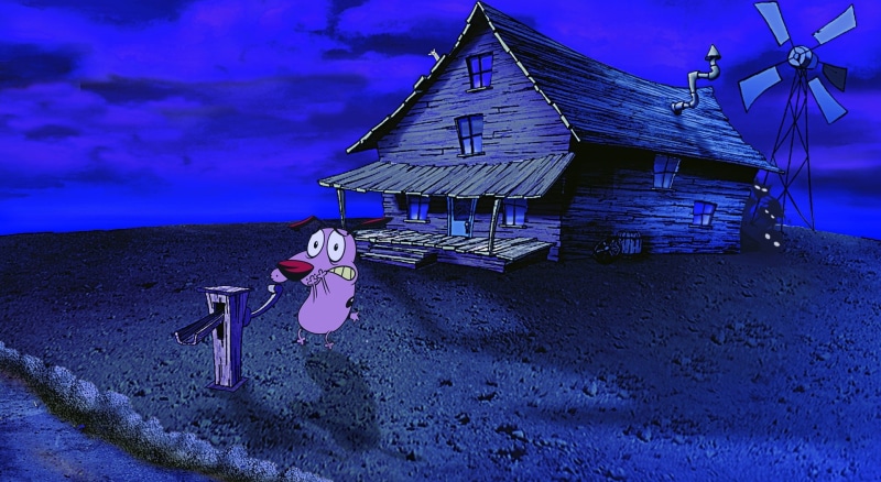 outdoors, dusk, nature, Cartoons, no people, dog, water, plant, night, cowardly, Others, built structure, cloud - sky, sand, sea, land, sky, courage, architecture