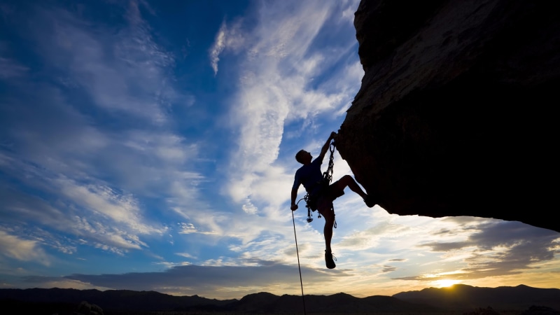 extreme sports, rock climbing, sky, nature, determination, leisure activity, sport, rock, cloud - sky, lifestyles, mountain, 4K, sunset, outdoors, movement