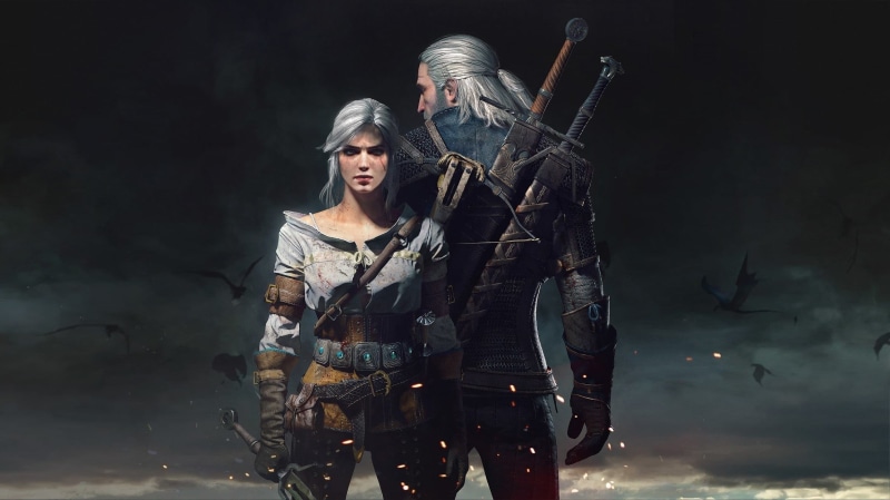 warning sign, two people, witcher, video games, adult, real people, swords, animated, people, women, smoke - Physical Structure, night, fantasy