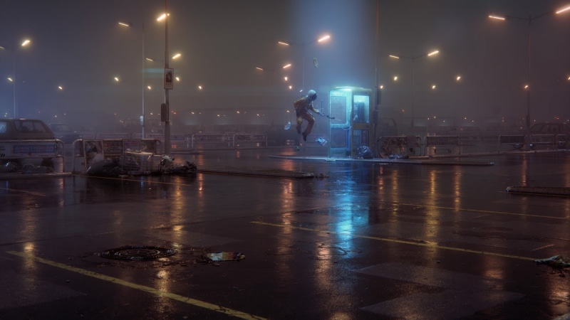 built structure, digital art, phone box, full length, flooring, parking lot, real people, street light, architecture, night, men, motion, illuminated, suit