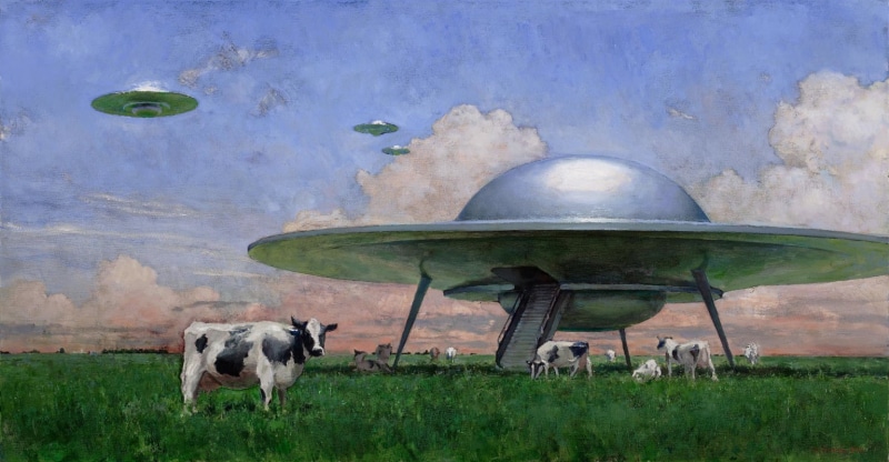 painting, cow, artwork, 720P, John Brosio, oil painting, nature, aliens, animals, clouds, fantasy art, UFO, grass