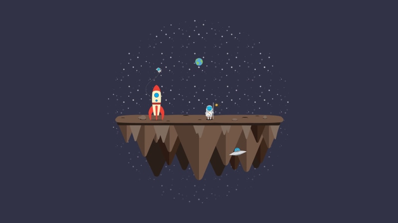 stars, 1080P, floating island, monkey, Adobe Illustrator, space, Earth, rocket, vector, minimalism, astronaut, UFO, flag, aliens