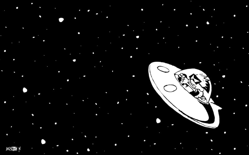 illuminated, black background, shape, Spaceman Spiff, white, still life, illustration, communication, ufo, close-up, technology, Calvin and Hobbes, copy space