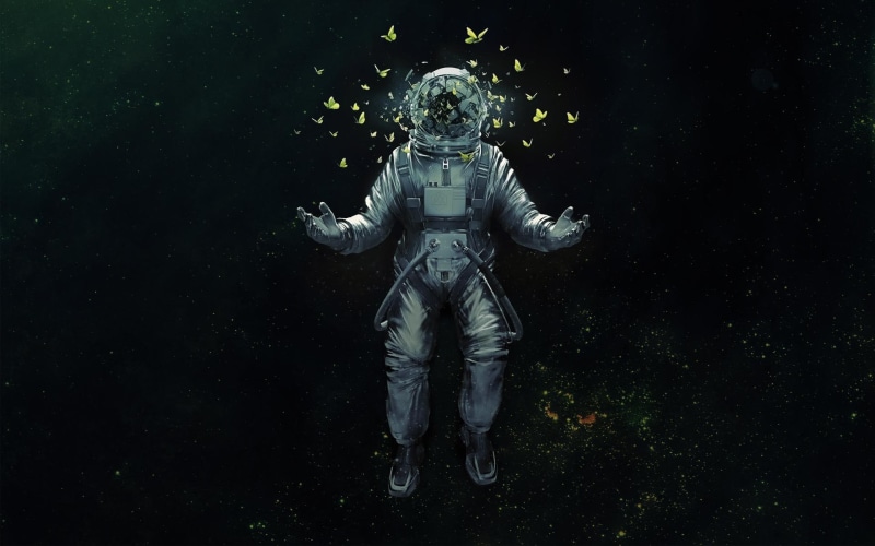 gray, painting, astronaut, cosmonauts, 1080P, space, butterflies, fantasy, space fantasy
