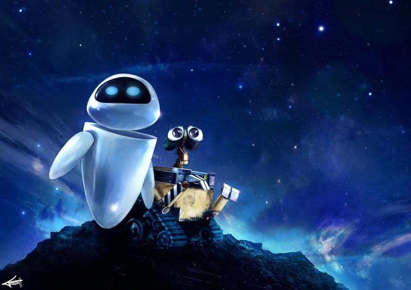 cosmonaut, sky, digital composite, night, Walle, people, toy, machinery, space Exploration, imagination, e, togetherness, milky Way, robot, underwater