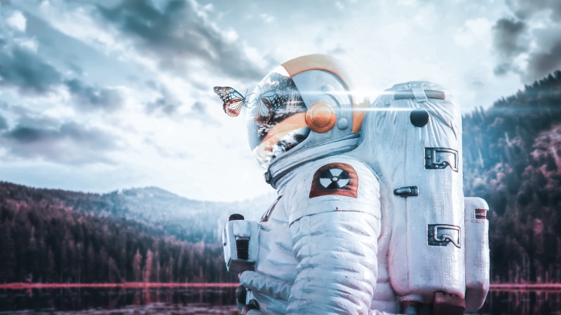 cosmonaut, radioactive, spacesuit, landscape, reflection, 4K, butterfly