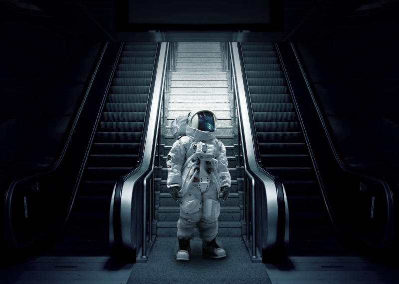 4K, stairs, astronaut, escalator, cosmonaut, spacesuit