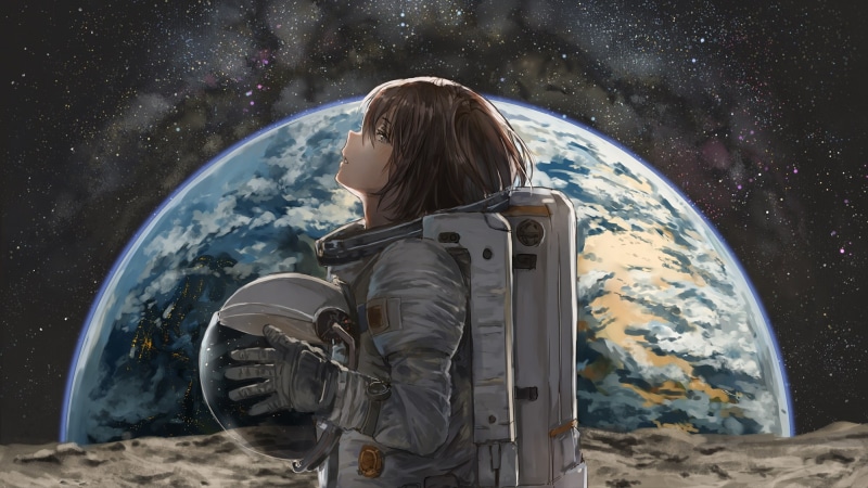 anime girls, brunette, anime, astronaut, 1080P, space art, planet, space, helmet