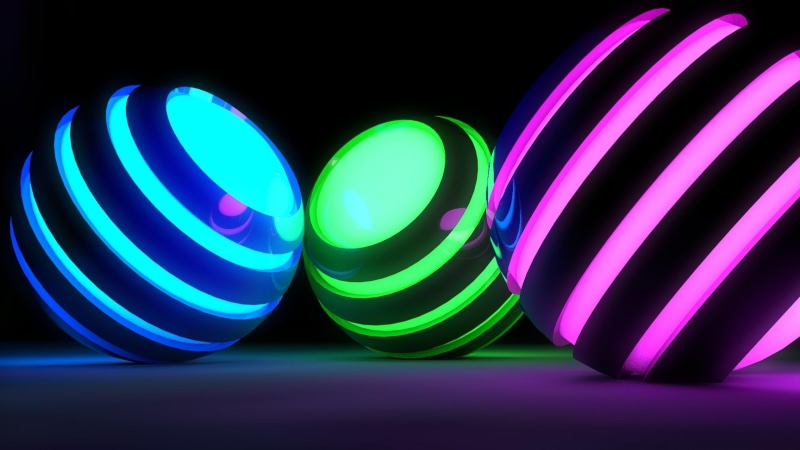 green color, close-up, circle, blue, neon colored, ball, sphere, colorful, illuminated, pink color, lighting equipment, group of objects, computer graphics