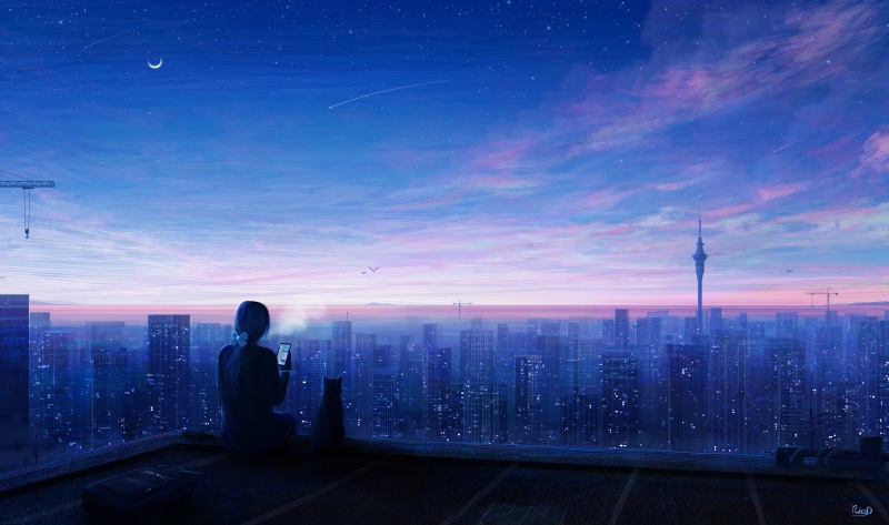 women, digital art, ribbon, cranes (machine), phone, sunrise, cityscape, birds, crescent moon, stars, Moon, RicoDZ, 4K, skyscraper, cats