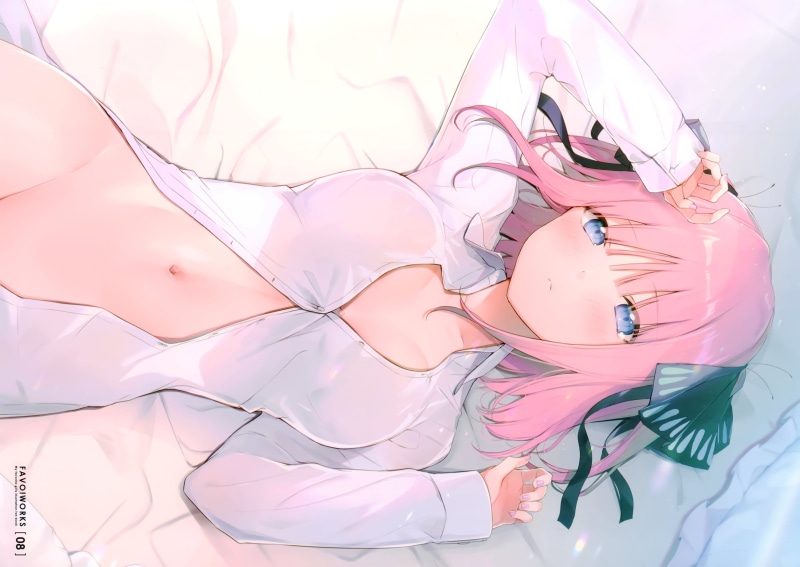 2K, blue eyes, Nino, Nakano, bed, pink hair, Go-Toubun no Hanayome, blush