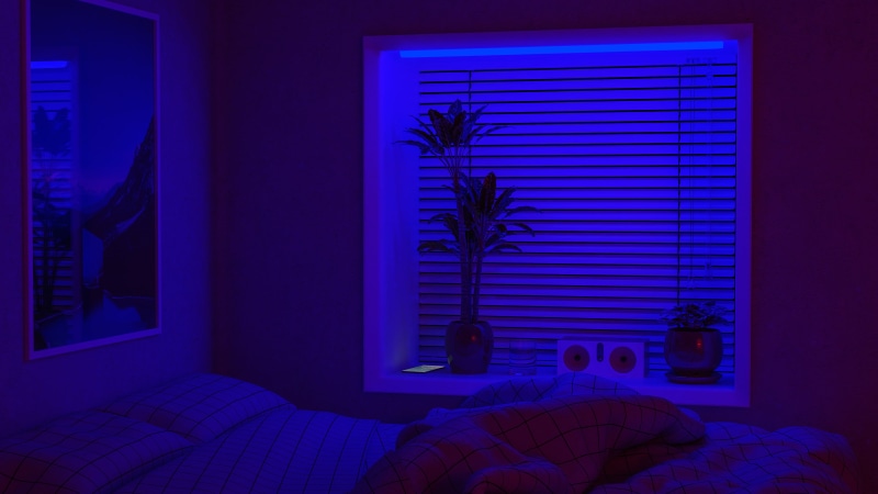 plants, poster, digital art, palm trees, Chill Out, 4K, bedroom, interior, neon, relaxation, bed, CGI, interior design, room