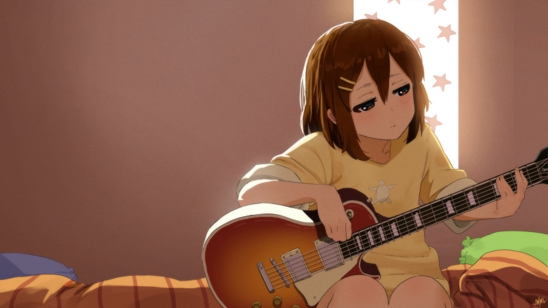 digital art, fan art, anime, artwork, T-shirt, bedroom, drawing, musical instrument, K-ON!, Hirasawa Yui, illustration, guitar, 1080P, anime girls, sitting